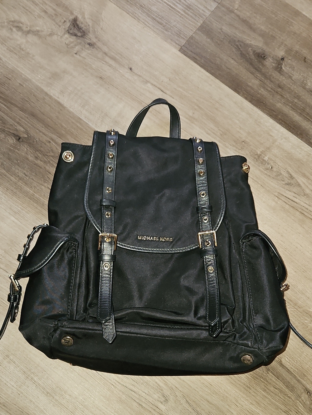 Michael Kors Classic Casual Black Nylon Leather Gold Studded Cargo Backpack Bag